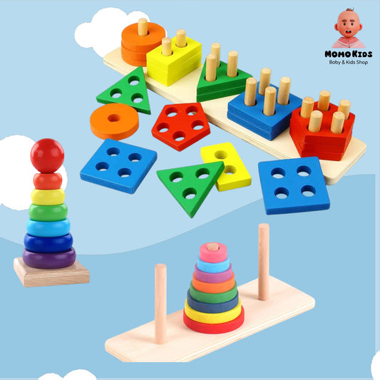 🌟 Montessori Wooden Stacking Rings – Shape & Color Game!