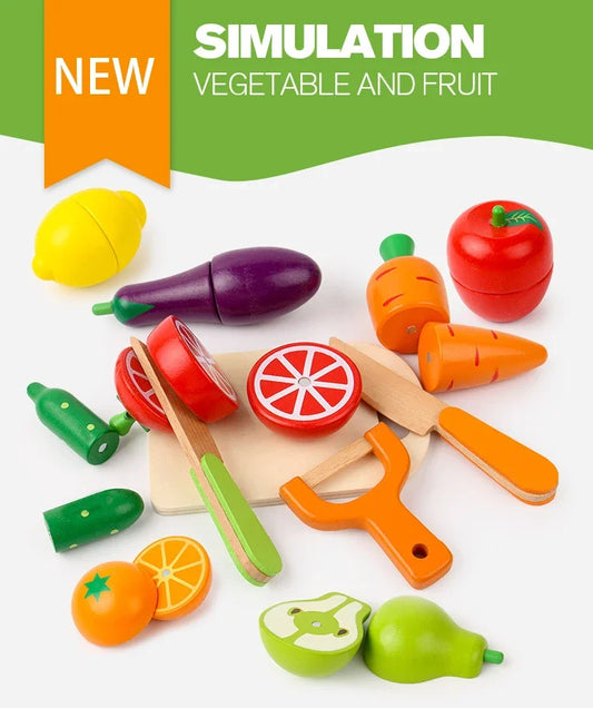 🍎 Wooden Pretend Kitchen Playset – Montessori Cutting Fruit & Veggies Toy